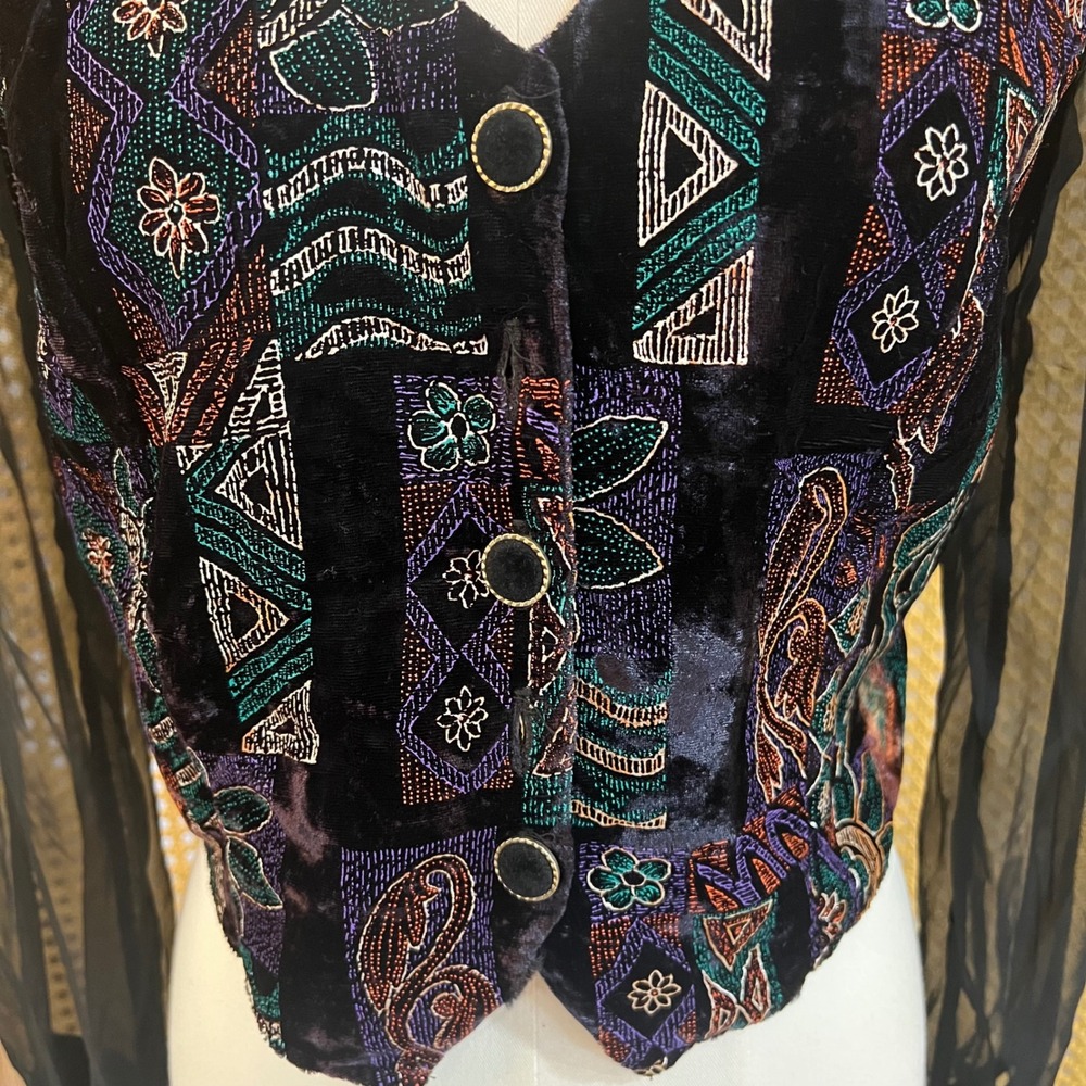 Vintage By Choice Black Velvet Sheer Sleeve Beaded Patchwork Cropped Blazer S - Picture 9 of 11
